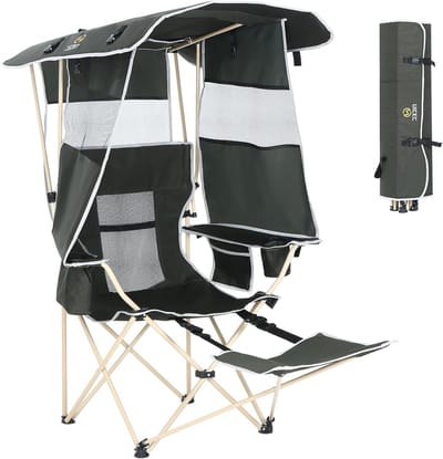 Campingstoel met Voetensteun - Strandstoel Vaste Stoel - Buiten Ontspannen - Afneembare Zonnekap - 181 kg draagvermogen - Groen