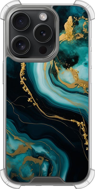 Shockproof hoesje - Geschikt voor iPhone 15 Pro - Marmer blauw goud - Extra sterke case - TPU/polycarbonaat - Marmer - Blauw, Transparant