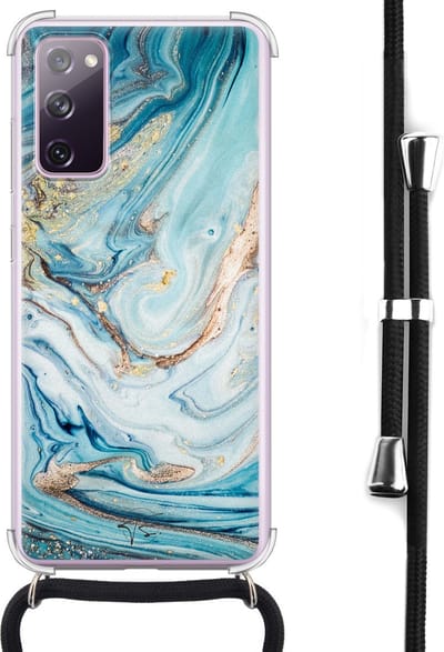 Hoesje met koord geschikt voor Samsung Galaxy S20 FE - Marmer blauw goud - Inclusief koord - Crossbody beschermhoes - Transparant, Blauw, Goud - Mooie Telefoonhoesjes
