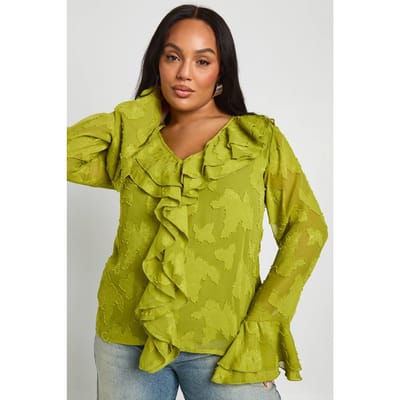 boohoo Dames Plus Ruche Burnout Blouse | Olijf | Maat: 46