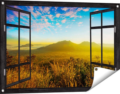 Gards Tuinposter Doorkijk Bergen met Mist in Thailand - 90x60 cm - Tuindoek - Tuindecoratie - Wanddecoratie buiten - Tuinschilderij