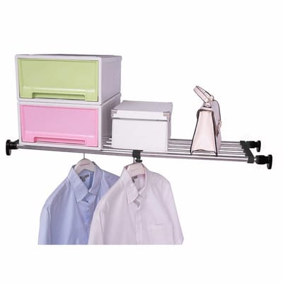 Uitbreidbaar plankrek met spanband, staaf, verstelbaar metalen rek, kastorganizer, scheidingswand, scheidingsrekken voor kleerkast, keuken, badkamer, zwart, 60 - 80 cm