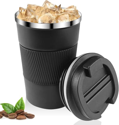 Famanu - Koffiemok 380 ml, thermobeker voor koffie, lekvrij, gemaakt van 304 roestvrij staal, dubbelwandig geïsoleerd, autobeker, herbruikbare koffiebeker voor koffie, water en thee, zwart