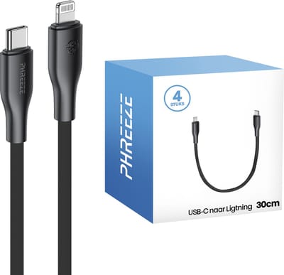 20w kabel geschikt voor iPhone met Lightning - 4 pack - 30cm kort - Zwart - Phreeze