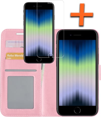 Hoes - Met Screenprotector - Geschikt voor Apple iPhone SE (2022) - Luxe Pasjeshouder - Bookcase Portemonee - Flip Case - Kunstleer Book Case - Flipcase - Book Cover - Walletcase - PortemonneeHoes - Lichtroze