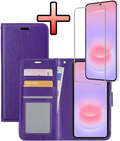 Hoesje - Met Screenprotector - Geschikt voor Samsung Galaxy A37 - Luxe Pasjeshouder - Bookcase Portemonee - Flip Case - Kunstleer Book Case - Flipcase - Book Cover - Walletcase - Portemonneehoes - Paars