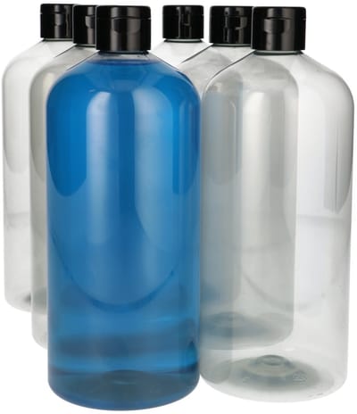 6 x 1000 ml Basic Round 100% R-PET transparant + klepdop zwart - 6 stuks