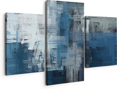 Artaza Canvas Schilderij Drieluik Abstracte Kunst - Blauw Witte Penseelstreken - 150x120 cm - Groot - Wanddecoratie Woonkamer - Schilderijen - Muurdecoratie