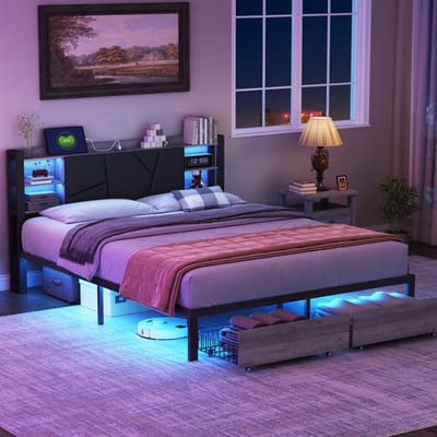 ROSAHQNDA Modern gestoffeerd bed met lades, LED-verlichting, PU-leren frame van ijzer met USB-oplaadpoort, 140 x 200 cm, exclusief matras, (verzonden in 2 pakketten)