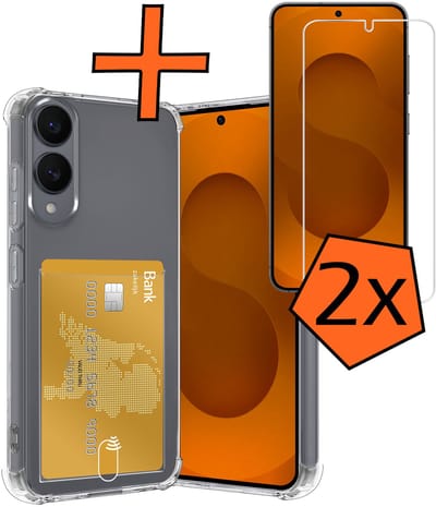 Hoes - Geschikt voor Samsung Galaxy S25 Edge - Met 2x Screenprotector - Pashouder - Kaarthouder - Telefoon Hoesje Shockproof - Siliconen Case - Back Cover - Shock Proof - Pasjes Houder - Transparant