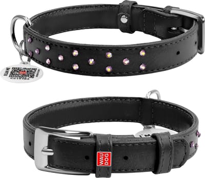 WAUDOG Glamour Deco Halsband / Hondenhalsband - Echt Leder - Zwart met Strass steentjes - M - Breedte: 20 mm - Nekomtrek: 30 - 39 cm (GELIEVE ALVORENS BESTELLEN OPMETEN)