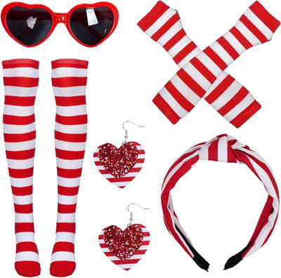 Carnaval Kostuum met Rood-Witte Gestreepte Haarband, Kniekousen, Hartbril en Oorbellen voor Feestelijke Thema Party Accessoires