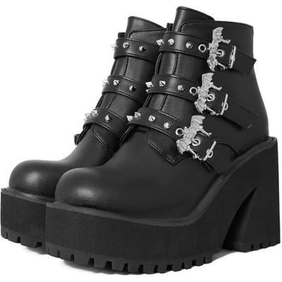 Gnazhee Halloween Cosplay Platform Vleermuis Gothic Platform Laarzen Dames Schoenen Dikke Hakken Biker Enkellaarsjes 5 zwart