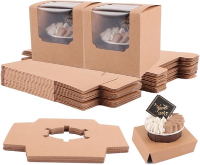 Set van 100 Kraft Papieren Cupcake Dozen met Venster en Inzetstukken, 9 x 9 x 9 cm, Ideaal voor Taarten, Muffins en Desserts