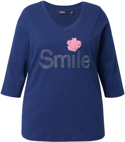 Ulla Popken - Dames - Shirt Smile Classic V-hals 3/4-mouwen - Inktblauw - Maat 42+
