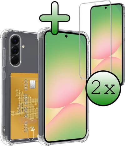Hoesje Geschikt voor Samsung Galaxy A56 - Met 2x Screenprotector - Pashouder - Kaarthouder - Telefoon Hoes Shockproof - Siliconen Case - Back Cover - Shock Proof - Pasjes Houder - Transparant
