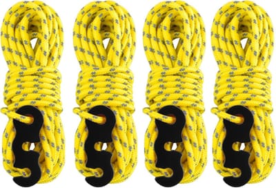 Reflecterende Guy Ropes met Kabelspanner, Paracord Touw van 400 cm voor Tent, Tarp en Campingactiviteiten, Ideaal voor Hiking en Buitenavonturen (Geel, 4 Stuks)