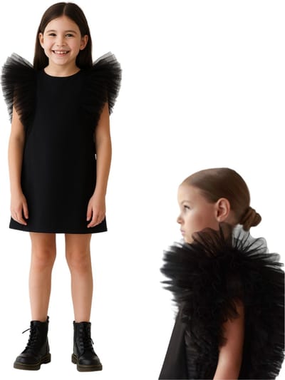 Joya Kids® Bruidsmeisje Jurk Meisje Zwart met Tule Pofmouwen | Feestjurk Tule Mouwen | Prinsessen jurk Zwart | Feestjurk Communie | Kinderjurk Bruiloft | Voor 2 tot 10 jaar oud | Maat 100