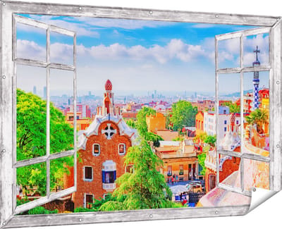 Gards Tuinposter Doorkijk Park Güell in Barcelona - Kleurrijk - 180x120 cm - Tuindoek - Tuindecoratie - Wanddecoratie buiten - Tuinschilderij