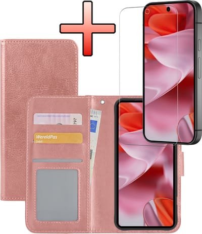 Hoesje - Met Screenprotector - Geschikt voor Google Pixel 10 - Luxe Pasjeshouder - Bookcase Portemonee - Flip Case - Kunstleer Book Case - Flipcase - Book Cover - Walletcase - Portemonneehoes - Rosé goud