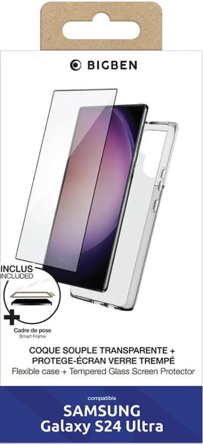 Bigben Connected - Transparant Telefoonhoesje - Gehard Glas Screenprotector geschikt voor Samsung Galaxy S24 Ultra - SmartFrame installatiekit