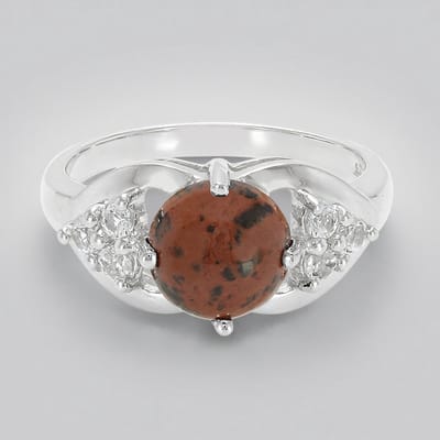 Cavill - Zilveren ring - 925 Sterling zilver - Mahonie obsidiaan 1,4 ct en 6 witte topazen 0,242 ct - Elegante ronde cabochon ring maat 17