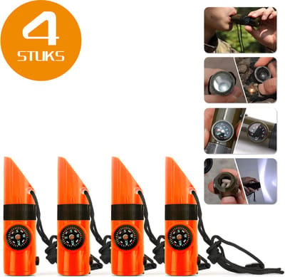 Colorful Sun® 7-in-1 Survivalfluit - 4 Stuks - Oranje - Noodfluit met LED, Kompas, Thermometer, Spiegel, Vergrootglas & Opbergvak - 120 dB Alarmfluit - Voor Noodgevallen, Outdoor, Wandelen, Camping & Sport - Inclusief Sleutelkoord