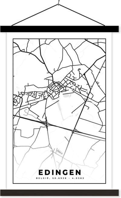 Posterhanger incl. Poster 40x60 cm - Schoolplaat - Stadskaart – Plattegrond – België – Zwart Wit – Edingen – Kaart - Textielposter - Zwarte latten - Stadskaart