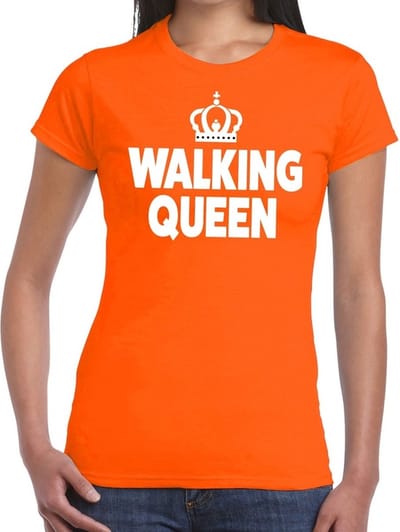 Walking Queen t-shirt oranje dames - feest shirts dames - wandel/avondvierdaagse kleding XS
