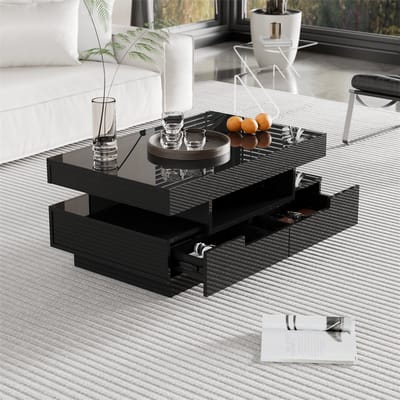 YEHTOKHOME Hoogglans Salontafel zwart - Koffietafel met opbergruimte en LED Verlichting - Bijzettafel met 4 lades - 80x50x36 cm
