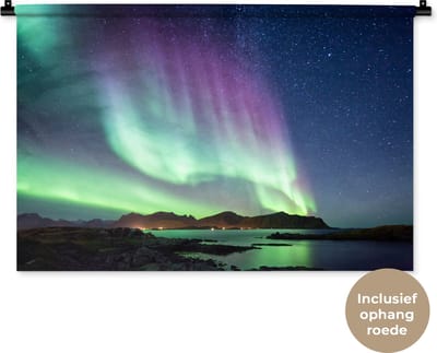 Wandkleed - Wanddoek - Noorderlicht - Groen - Paars - Sterrenhemel - Meer - Berg - 90x60 cm - Wandtapijt