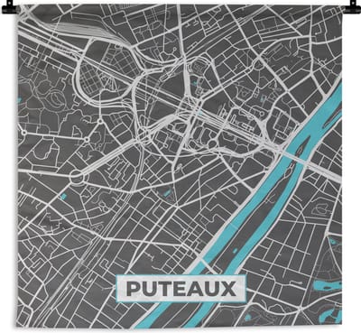 Wandkleed - Wanddoek - Puteaux - Frankrijk - Plattegrond - Kaart - Stadskaart - 180x180 cm - Wandtapijt