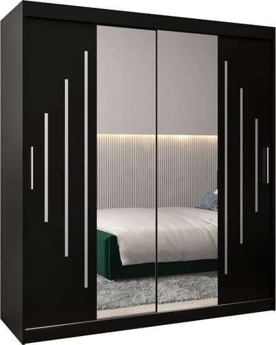 InspireMe - Kledingkast met 2 schuifdeuren, Modern-stijl, Een kledingkast met planken en een spiegel (BxHxD): 180x200x62 - MALTESE I 180 Zwart Mat