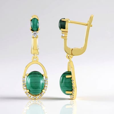 Cavill - Vergulde 925 Sterling Zilveren Oorbellen - Malachiet Ovaal Cabochon 9x7 & 5x3 mm - 5,994 Ct - Cambodja Zirkonia - Elegante Statement Sieraden