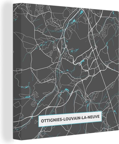 Canvas Schilderij Stadskaart – Grijs - Kaart – Ottignies Louvain la Neuve – België – Plattegrond - 20x20 cm - Wanddecoratie