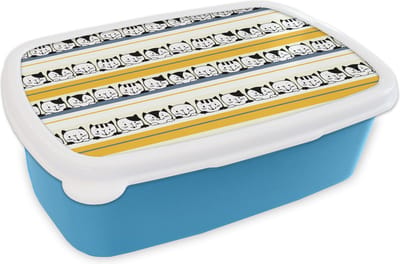 Broodtrommel Blauw - Lunchbox - Brooddoos - Kat - Patronen - Huisdieren - 18x12x6 cm - Kinderen - Jongen