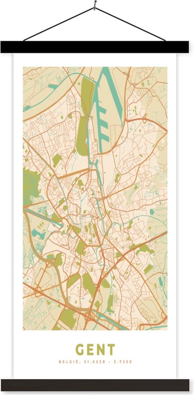 Posterhanger incl. Poster 40x80 cm - Schoolplaat - Gent - Kaart - Stadskaart - Plattegrond - Vintage - Textielposter - Zwarte latten - Stadskaart