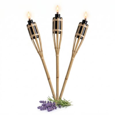 Cheqo® Bamboe Tuinfakkels Set van 3 - Oliefakkels Buiten Navulbaar met Lont - Terrasfakkels - Tuinfakkel - Sfeerverlichting voor Tuin en Terras - Olielamp - Tuinverlichting - Partyfakkel - Buitenfakkel - Bamboefakkel