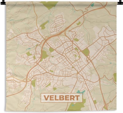 Wandkleed - Wanddoek - Plattegrond - Velbert - Vintage - Kaart - Stadskaart - 180x180 cm - Wandtapijt