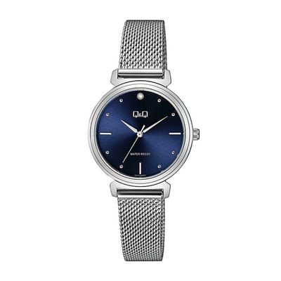 Q&Q Q27B-002PY - Horloge - Vrouwen - Dames - Mesh/Milanese band - Rond - Metaal - Streepjes - Zilverkleurig - Blauw