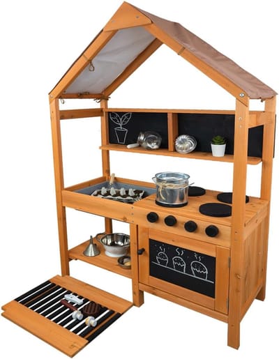 Modderkeuken met dak - Buitenkamer Speelgoed - Buiten Spelen - Inclusief Kookplaten - 136cm Hoog - Bruin