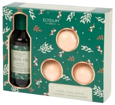 Elysium Spa badolie- en bruisballenset 4-delig | Vanille | vetiver | Grapefruit | Gember | Ginger | sinaasappel en een pomelo | Gift set | Cadeau Set | Beauty gift set