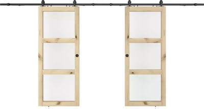 Vente-unique Dubbele schuifdeur met wandbevestiging in hout en gehard glas - 3 vensters - 2 x H205 x L63 cm - ACOSTA II