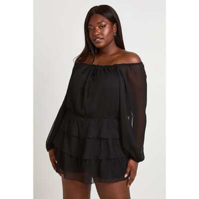 boohoo Dames Plus Blouson Jumpsuit Met Strikdetail En Bardot Halslijn Van Chiffon | Zwart | Maat: 44