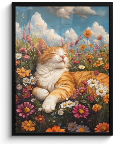 Poster in lijst - Fotolijst 50x70 cm - Posters - Kat - Bloemen - Ontspannen - Posterlijst zwart - Decoratie - Wanddecoratie woonkamer - Muurdecoratie slaapkamer