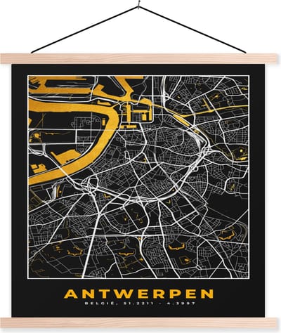Posterhanger incl. Poster 40x40 cm - Schoolplaat - Antwerpen - Stadskaart - Kaart - Goud - Plattegrond - Textielposter - Blanke latten - Stadskaart