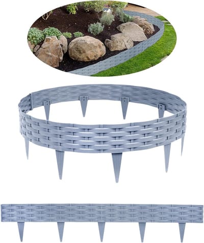 Gazonranden Kunststof - Perkranden Tuinpalissade - Tuinranden Afscheiden - Rotan Look Design - 20 meter / 20 stuks - Grijs