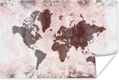 Poster 30x20 cm - Wereldkaart - Vintage - Rood - Posters - Kamer decoratie - Wanddecoratie woonkamer - Muurdecoratie slaapkamer