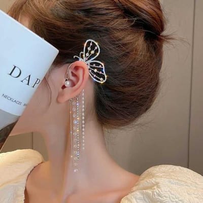 Boucles d'oreilles à clip en strass zircon brillant de luxe avec long pompon, manchette d'oreille, exquises, vintage, bijoux de fête de mariage