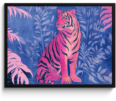 Poster in lijst - Fotolijst 80x60 cm - Posters - Tijger - Roze - Bladeren - Jungle - Posterlijst zwart - Decoratie - Wanddecoratie woonkamer - Muurdecoratie slaapkamer